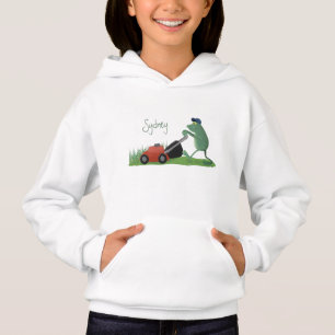 Funny green frog mowing lawn cartoon hoodie