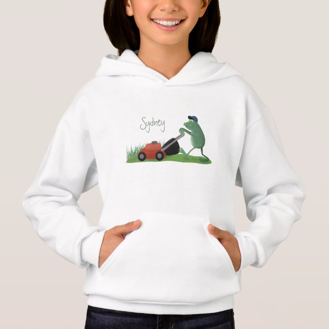 Funny green frog mowing lawn cartoon hoodie (Front)