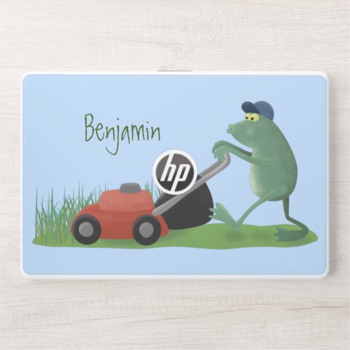 Funny green frog mowing lawn cartoon HP laptop skin