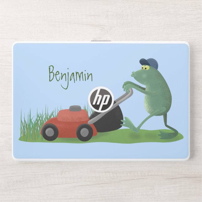 Funny green frog mowing lawn cartoon HP laptop skin (Front)