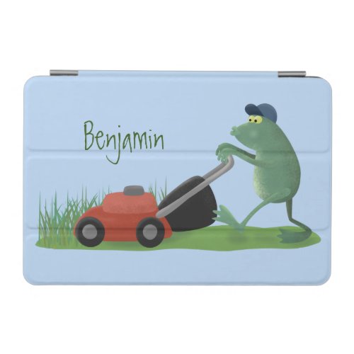 Funny green frog mowing lawn cartoon iPad mini cover