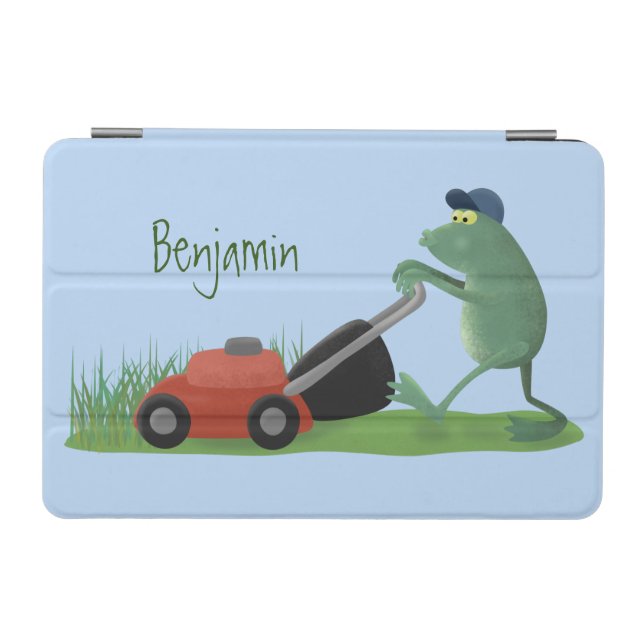 Funny green frog mowing lawn cartoon iPad mini cover (Horizontal)