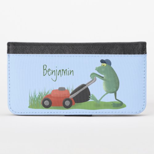 Funny green frog mowing lawn cartoon iPhone x wallet case