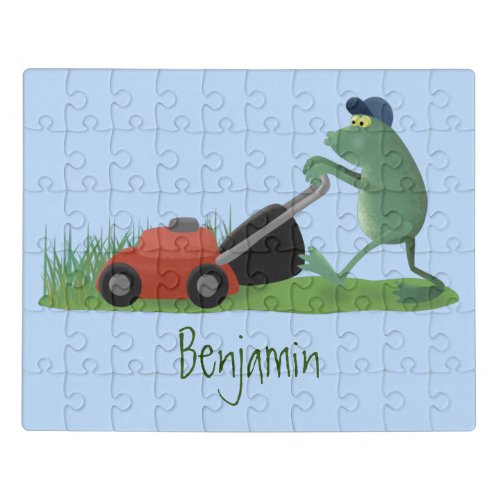 Funny green frog mowing lawn cartoon jigsaw puzzle