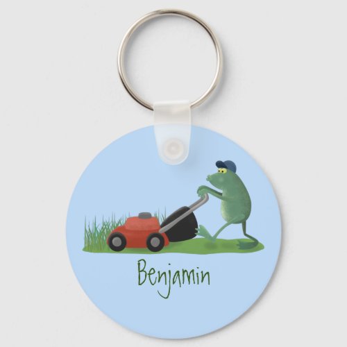 Funny green frog mowing lawn cartoon keychain
