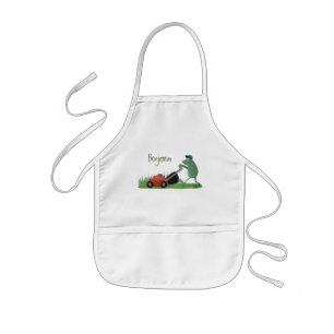 Funny green frog mowing lawn cartoon kids' apron