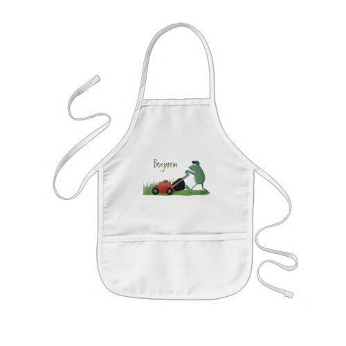 Funny green frog mowing lawn cartoon kids apron