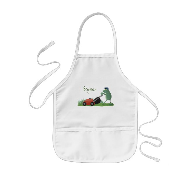Funny green frog mowing lawn cartoon kids' apron (Front)