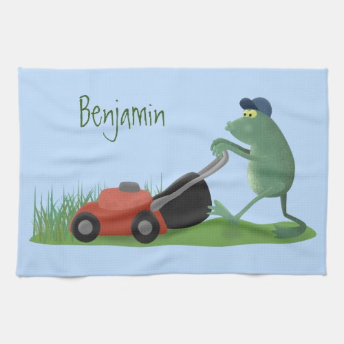 Funny green frog mowing lawn cartoon kitchen towel
