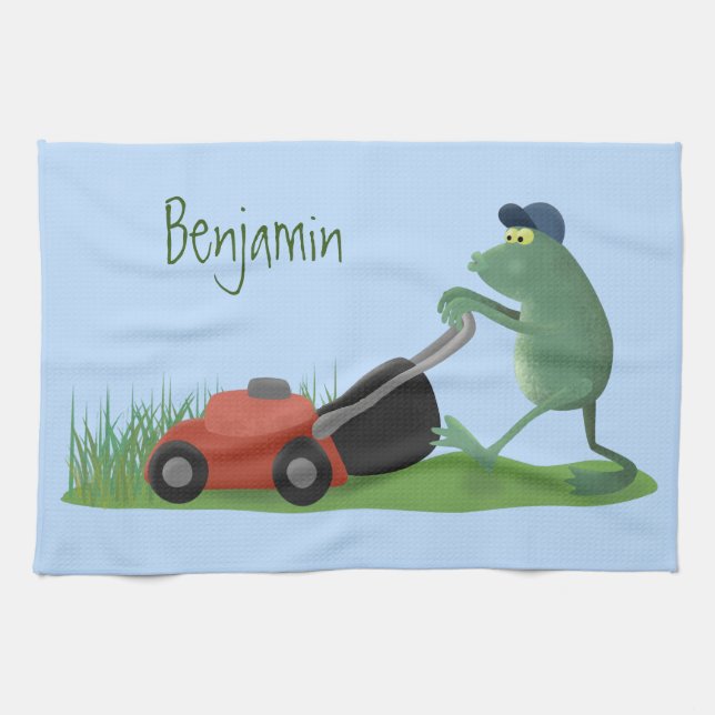 Funny green frog mowing lawn cartoon kitchen towel (Horizontal)