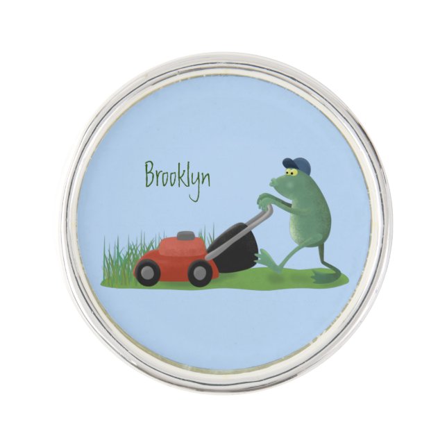 Funny green frog mowing lawn cartoon lapel pin (Front)