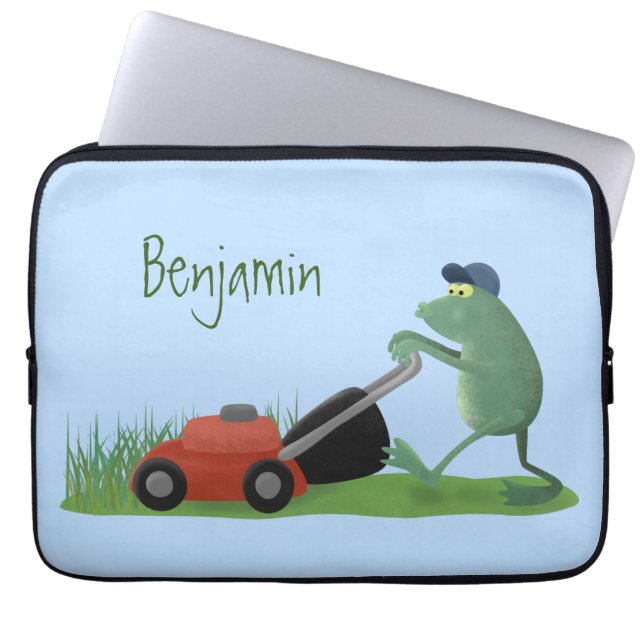 Funny green frog mowing lawn cartoon laptop sleeve (Front)
