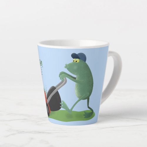 Funny green frog mowing lawn cartoon latte mug