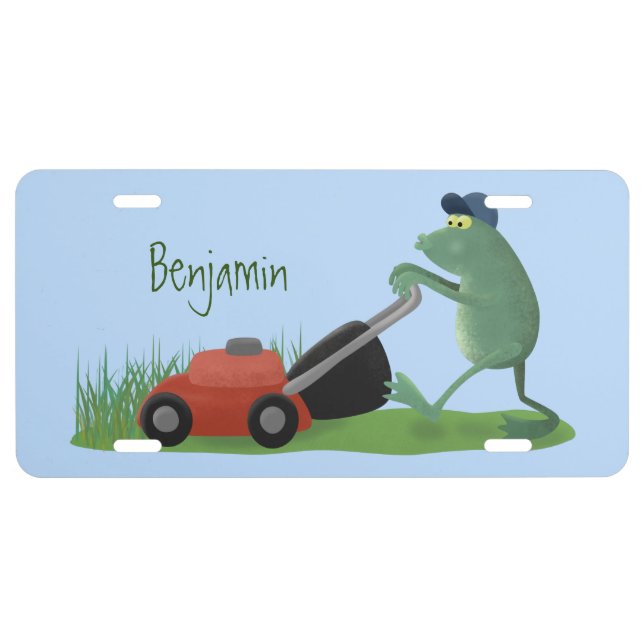 Funny green frog mowing lawn cartoon  license plate (Front)