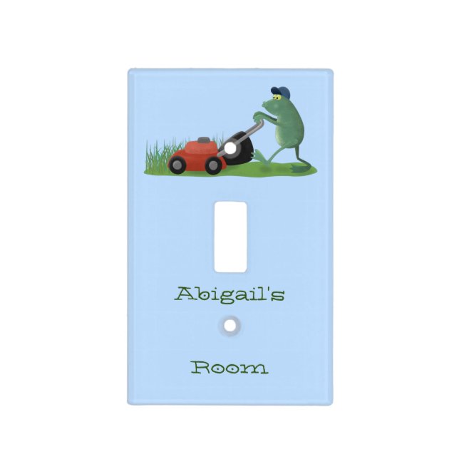 Funny green frog mowing lawn cartoon light switch cover (Front)