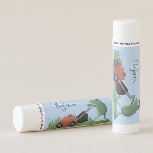 Funny green frog mowing lawn cartoon lip balm