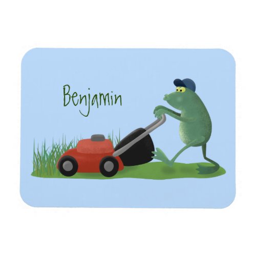 Funny green frog mowing lawn cartoon magnet