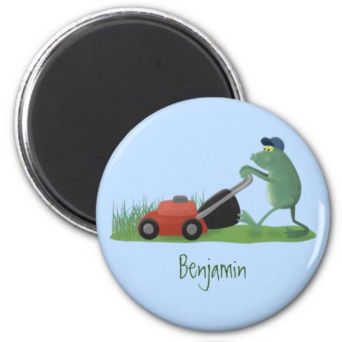 Funny green frog mowing lawn cartoon magnet