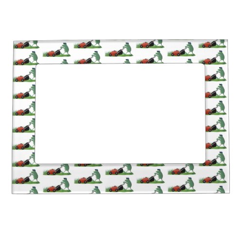 Funny green frog mowing lawn cartoon magnetic frame