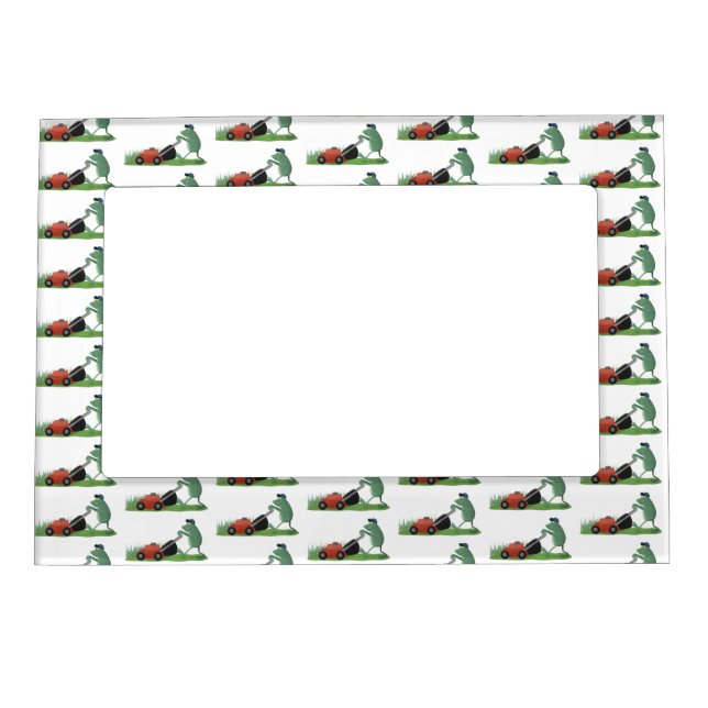 Funny green frog mowing lawn cartoon magnetic frame (Front)