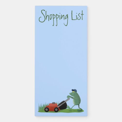 Funny green frog mowing lawn cartoon magnetic notepad