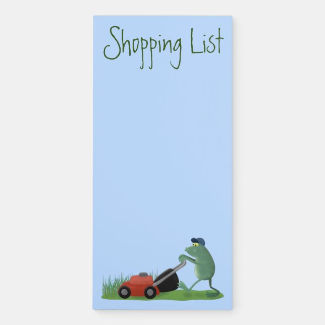 Funny green frog mowing lawn cartoon magnetic notepad (Front)