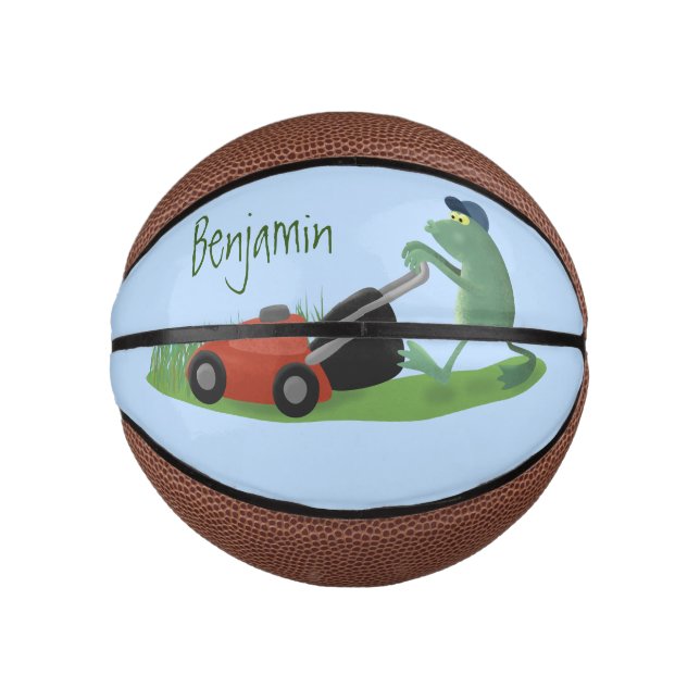 Funny green frog mowing lawn cartoon mini basketball (Front)