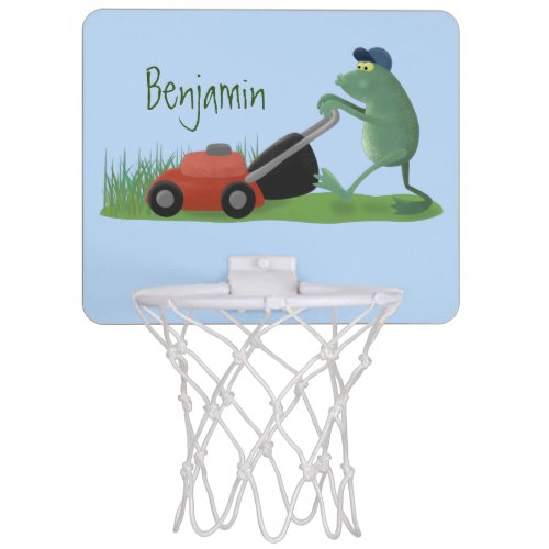 Funny green frog mowing lawn cartoon mini basketball hoop