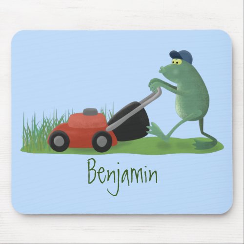 Funny green frog mowing lawn cartoon mouse pad
