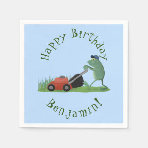 Funny green frog mowing lawn cartoon napkins