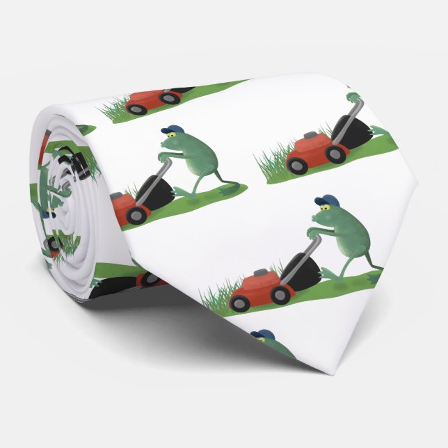 Funny green frog mowing lawn cartoon neck tie (Rolled)