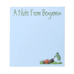 Funny green frog mowing lawn cartoon notepad