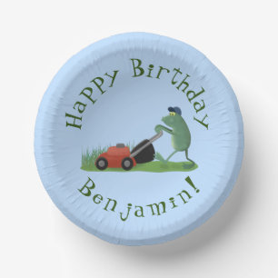 Funny green frog mowing lawn cartoon paper bowls