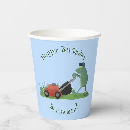 Funny green frog mowing lawn cartoon paper cups