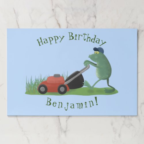 Funny green frog mowing lawn cartoon paper pad