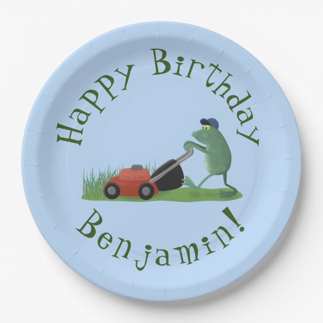 Funny green frog mowing lawn cartoon paper plates (Front)