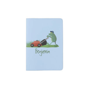 Funny green frog mowing lawn cartoon passport holder
