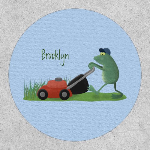 Funny green frog mowing lawn cartoon patch
