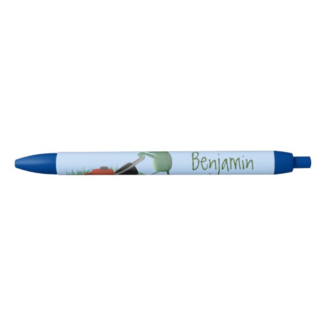 Funny green frog mowing lawn cartoon pen (Front)
