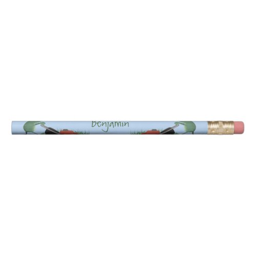 Funny green frog mowing lawn cartoon pencil