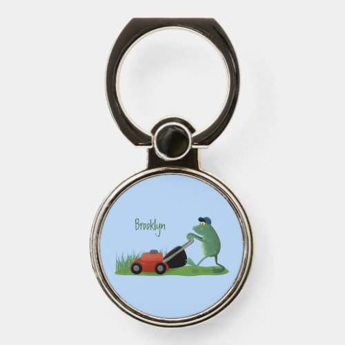 Funny green frog mowing lawn cartoon phone ring stand