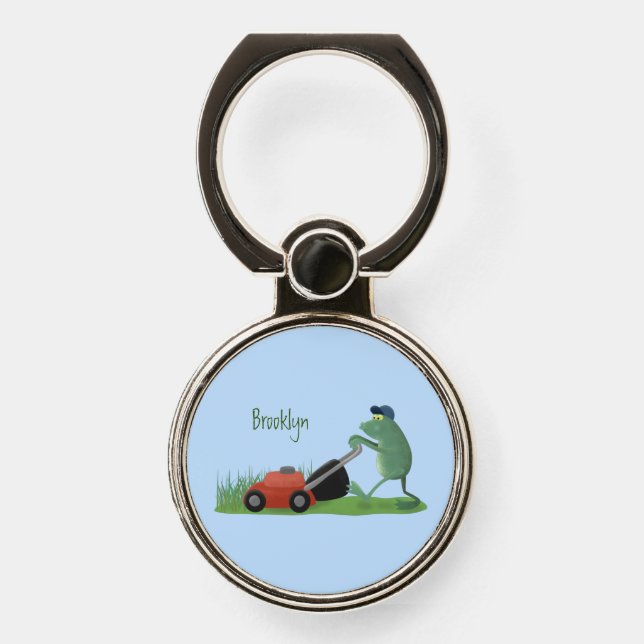 Funny green frog mowing lawn cartoon phone ring stand (Front)