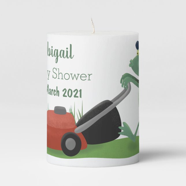Funny green frog mowing lawn cartoon pillar candle (Front)