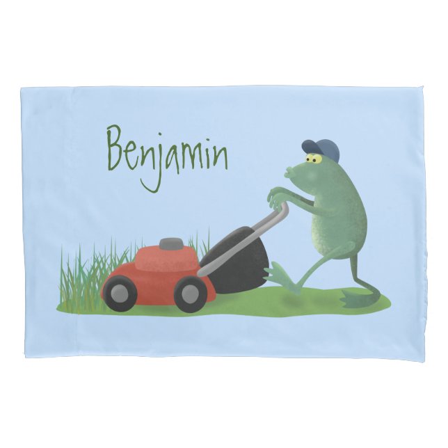 Funny green frog mowing lawn cartoon pillow case (Front)