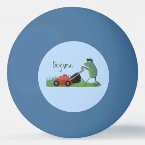 Funny green frog mowing lawn cartoon ping pong ball