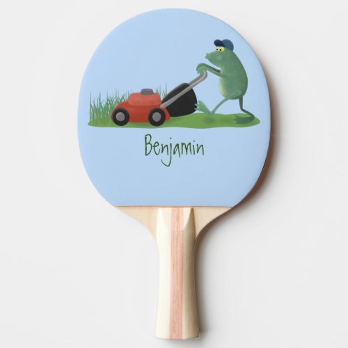 Funny green frog mowing lawn cartoon ping pong paddle