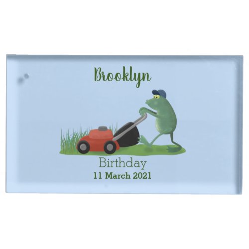 Funny green frog mowing lawn cartoon place card holder