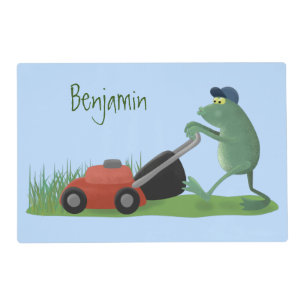 Funny green frog mowing lawn cartoon placemat