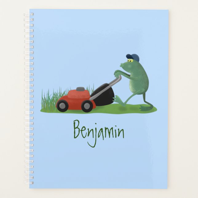 Funny green frog mowing lawn cartoon planner (Front)
