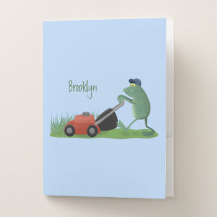 Funny green frog mowing lawn cartoon pocket folder